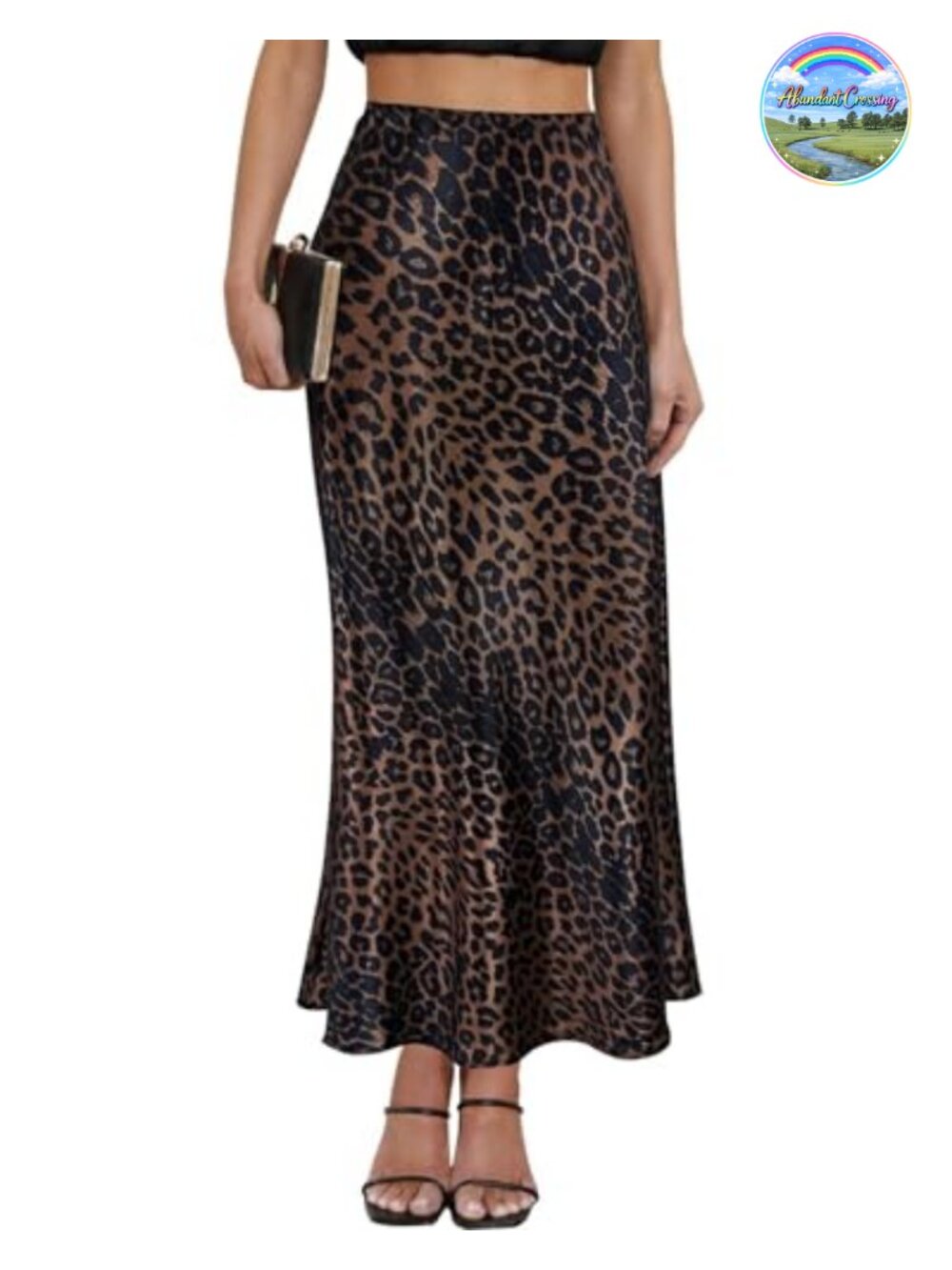 Satin Maxi Skirt High Waisted Leopard Long Skirt